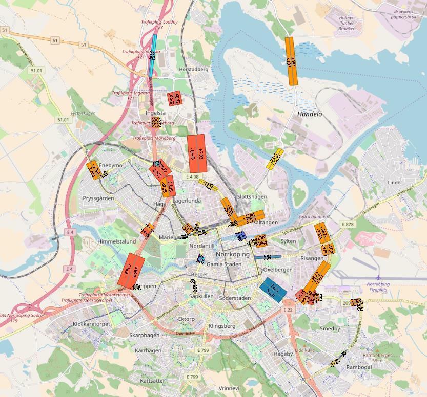 Röda streck visar nya skaft som lades till i vägnätet i test av ny kodning. Figur 29.