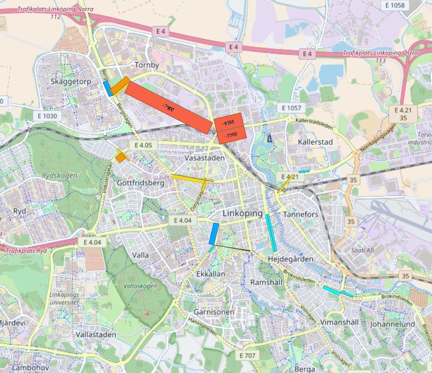 Underskattning av modellberäknad trafik i Linköping I Linköping underskattas trafiken i modellen på Tornbyvägen och Kallerstadsleden (se Figur 30).