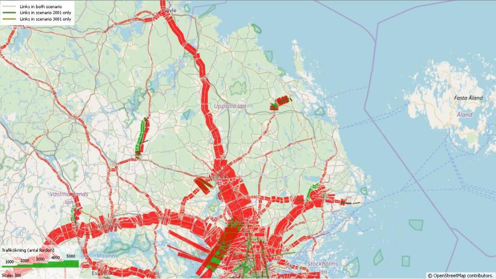 4.3.1 Region Samm Uppsala län 2 1 3 Figur 45. Skillnad bilflöden årsmedeldygn Uppsala län. Absolut skillnad 2040-2014. Preliminär Basprognos 2018.
