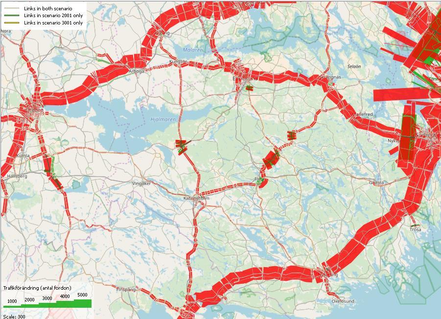 Södermanlands län 2 1 5 3 4 6 Figur 47. Skillnad bilflöden årsmedeldygn Södermanlands län. Absolut skillnad 2040-2014. Preliminär Basprognos 2018. Kommentarer till avvikelser: 1.