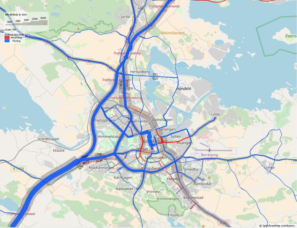 Det är svårt att säga exakt men det ser ut som att ruttvalsproblemet kvarstår även 2040. Figur 63. Dygnsflöden årsmedeldyn Norrköping i nulägesscenario 2014, samt skillnad mellan scenario 2040-2014.