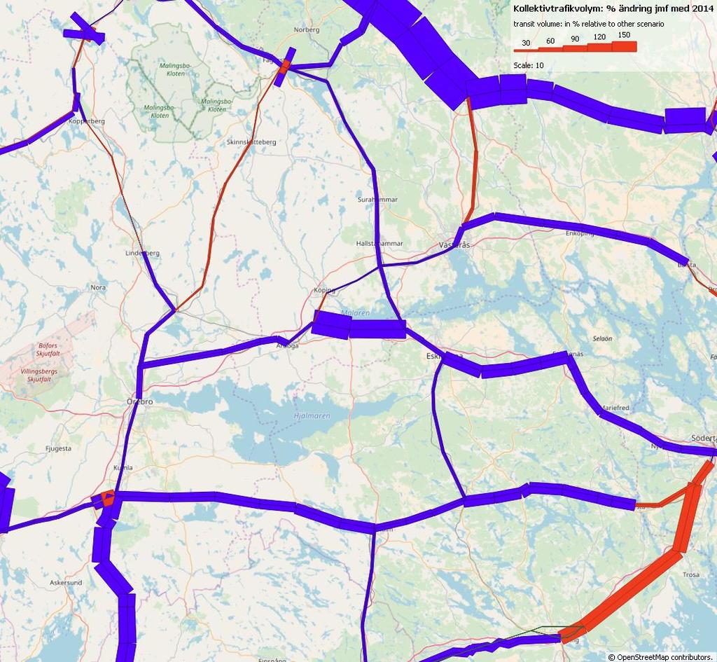 Figur 67. Skillnad passagerarflöden tåg årsmedeldygn Örebro-Västerås 2040-2014. Preliminär Basprognos 2018.