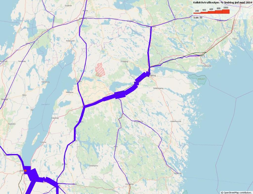 Figur 70 Skillnad passagerarflöden tåg årsmedeldygn Sydost (blått visar på ökning av resandevolymer). Preliminär Basprognos 2018. Kommentar: Resandet på järnväg har ökat i Sydost.