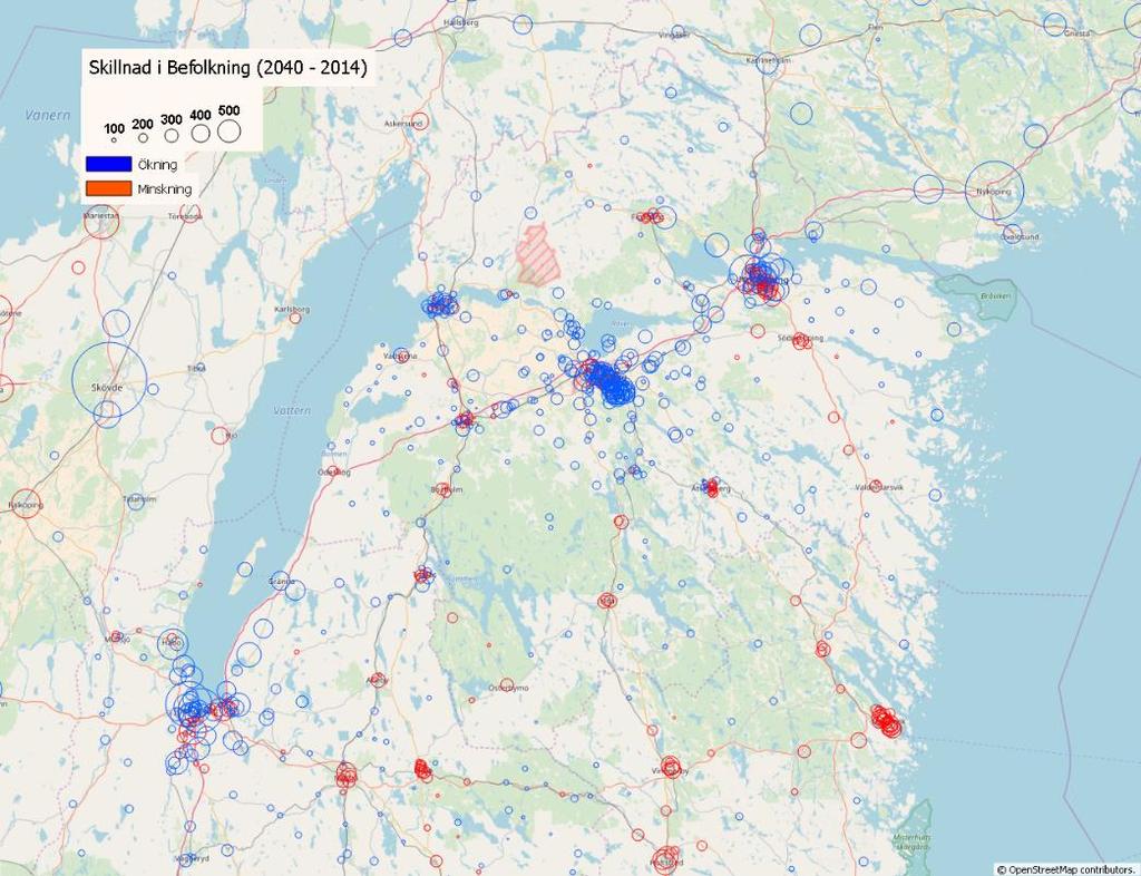 Figur 4. Skillnad nattbefolkning 2014-2040 region Sydost.