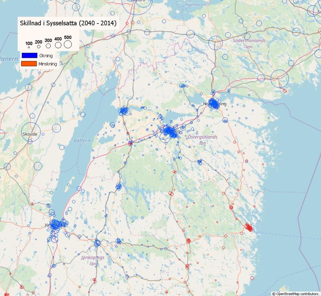 Skillnad dagbefolkning 2014-2040 region Sydost.