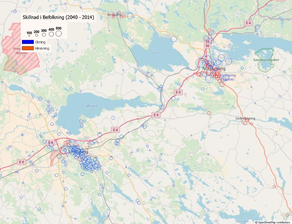 Figur 6. Skillnad nattefolkning 2014-2040 Linköping och Norrköping.