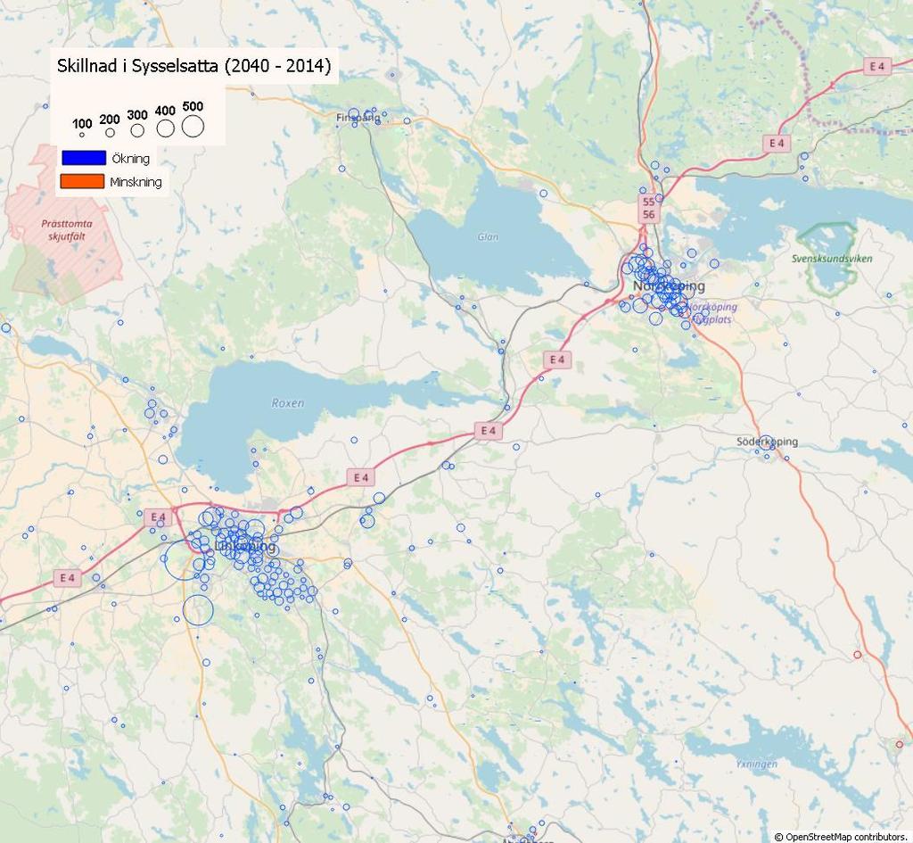 Skillnad dagbefolkning 2014-2040 Linköping och Norrköping.