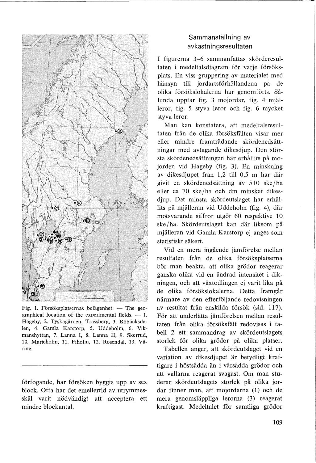 Sammanställning av avkastningsresultaten Fig. 1. Försöksplatsernas belägenhet. - The geographical location of the experimental fields. - l. Hageby, 2. Tyskagården, Trässberg, 3. Röbäcksdalen, 4.