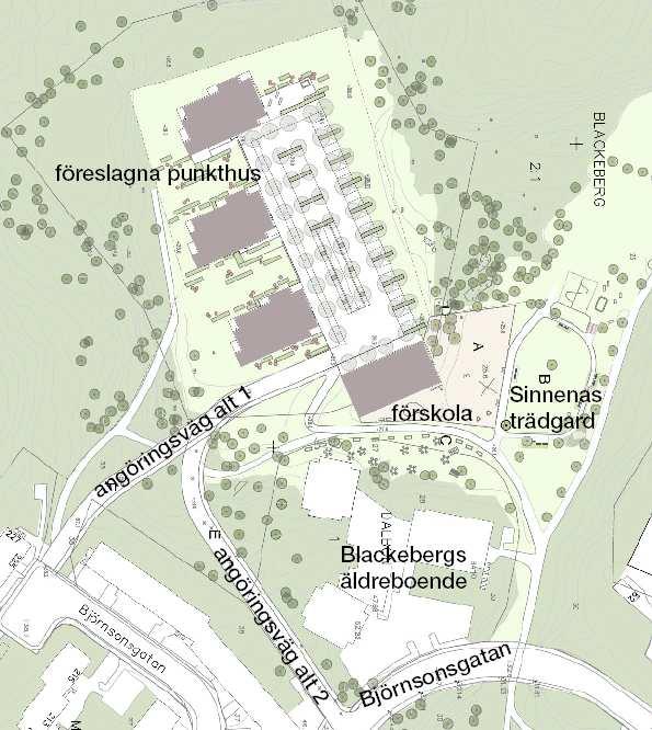 Situationsplan över planförslaget så som det redovisades under plansamrådet.