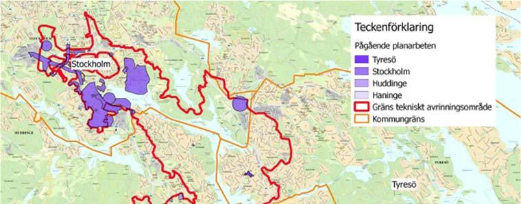 Figur 6. Pågående planarbeten inom Drevvikens avrinningsområde (oktober 2016).
