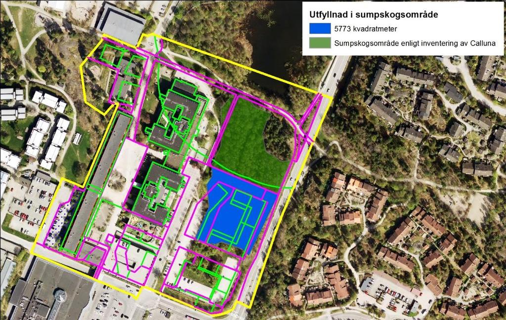Figur 4. Illustration av det område som kräver utfyllnad för att möjliggöra byggnation enligt planförslaget. Utfyllnaden uppskattas till ca 5773 kvadratmeter.