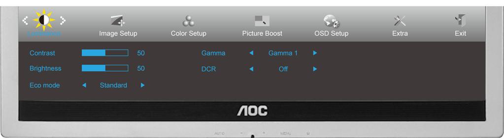 OSD-inställning Enkla och grundläggande instruktioner för kontrollknapparna. 1) Tryck på MENU-button (MENU-knappen) (meny) för att aktivera OSD-fönstret.