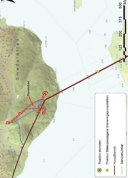 Sida 17 (40) Planförslag Detaljplanen möjliggör en teknisk anläggning under mark, inklusive serviceväg, under Ålstensskogen, en tunnelmynning med port och infart till servicevägen i anslutning till