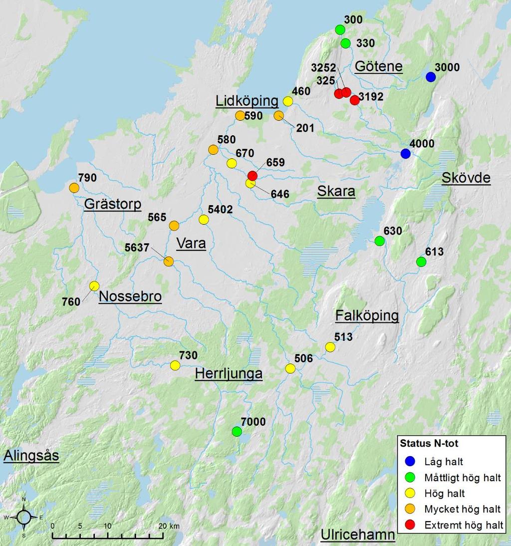 Figur 7. Tillståndsklassning av totalkvävehalter baserat på 2015 års medelvärden vid stationerna i Vänerns sydöstra tillflöden.