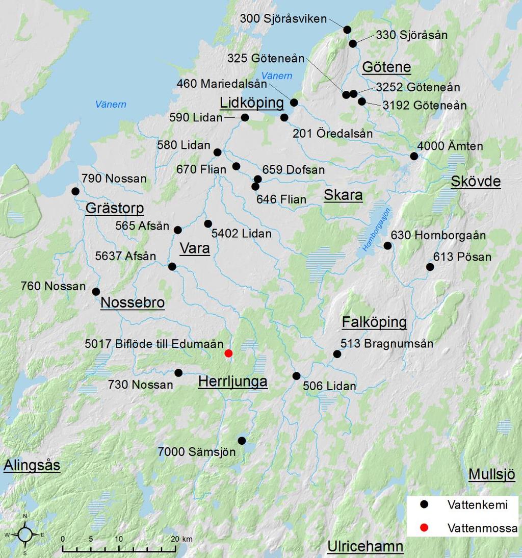 Undersökningstyper och omfattning Under år 2015 har det skett vattenkemisk provtagning vid 21 provpunkter i rinnande vatten och vid fyra provpunkter i sjöar (Bilaga 1 och Figur 1).