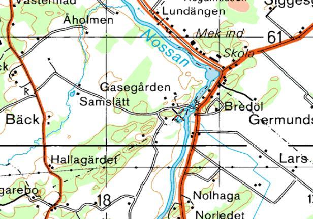 760. Nossan, Bredöl Datum: Kommun: Essunga 2015-10-21 Koordinat:6460285/1318635 Västra fåran, ca 120 m uppströms bron, 0-10 m nedströms spång vid jordkällare med tak.