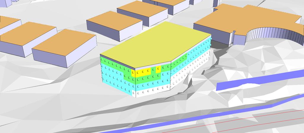 maximal ljudnivå vid fasad. Trafikbuller vid kvarteret Fräsen 2, Täby, Stockholm. En bullerskärm på 3,5 m höjd är placerad i tomtgränsen.