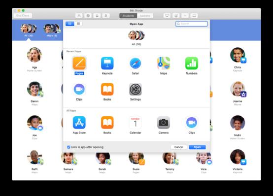 Öppna och lås appar. Öppna en specifik app på alla elevers enheter samtidigt.