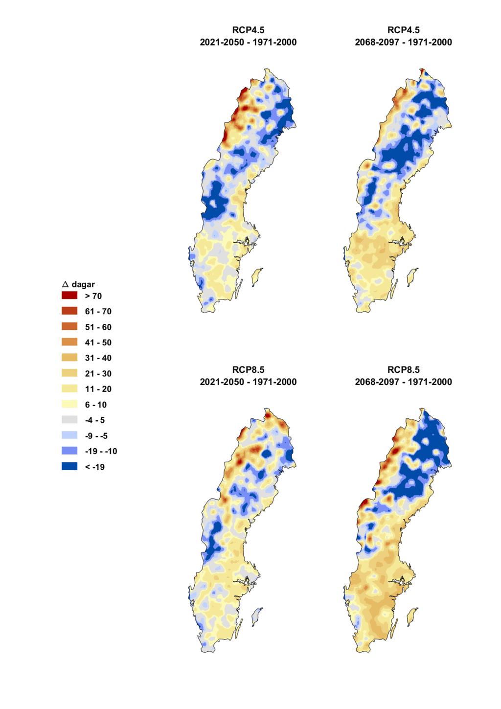 Klimatscenarierna visar inte på någon markant förändring i längden på brandrisksäsongen fram till mitten av århundradet, men en viss ökning i de södra delarna utom västkusten mot slutet av