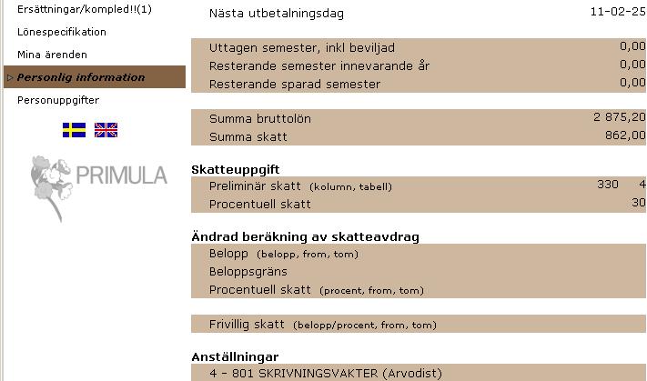 Version 4, 2018-08-27 7 av 7 Under fliken Personlig information ser du aktuella uppgifter om din lön och skatteavdrag. Det är alltid den procentuella skatten som är aktuell.