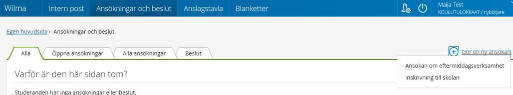 Om ditt barn redan går på en förskola där Wilma tagits i bruk använd då samma användarnamn vid anmälan till skola. 3. Välj ditt barns namn där det står KOULUTULOKKAAT/nybörjare Ditt barns namn 4.