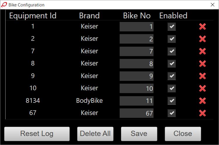 Instruktörs skärm Parning av cyklar - Konfiguration Utför ett trampvarv på cyklen så kommer cykeln att dyka upp i Cykelval sektionen, om "Aktivera Bikes 'är markerat i Inställningar - deltagare