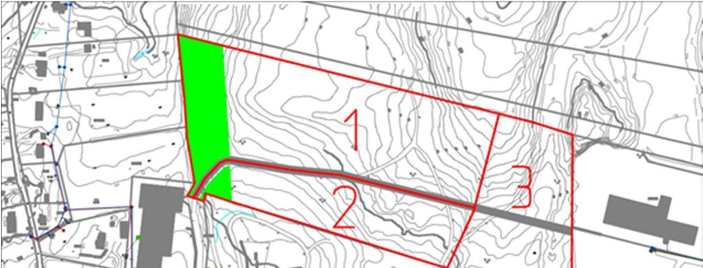 Figur 9. Ytfördelning vid förslag till dagvattenhantering. Areor och maxflöden för avrinning inom detaljplaneområdet efter exploatering redovisas i tabell 5.
