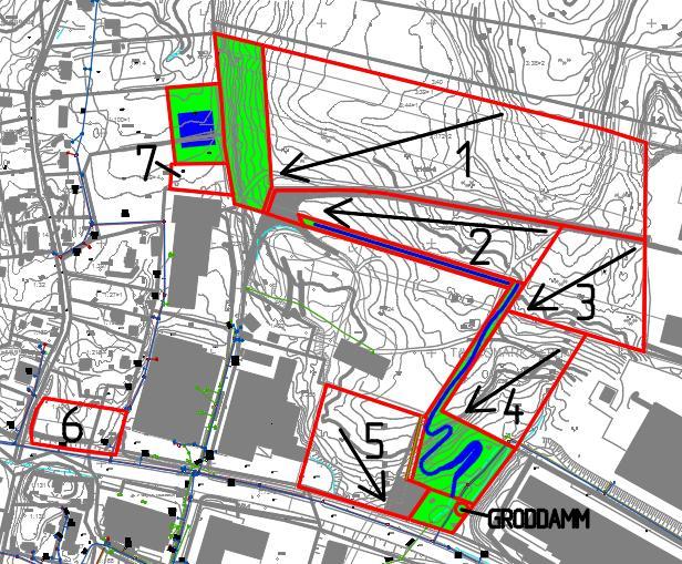Figur 10 Föreslagen avvattning och placering av diken och magasin (blått), ledningar och trummor (mörkgrönt) samt naturmarksytor (ljusgrönt) enligt gällande utformning mars 2018. 5.