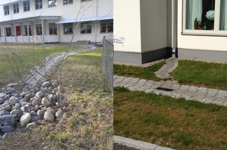 Figur 11 Fördröjning av takvatten. (Foto WSP). Figur 12 Fördröjning av takvatten.