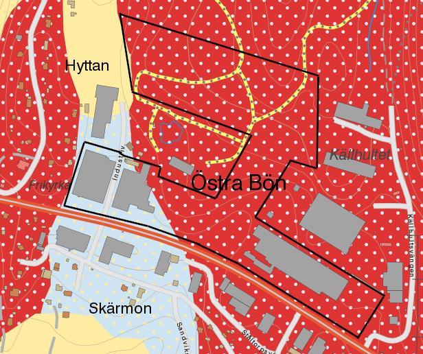 Figur 3 Jordartskarta (SGU 2015) över planområdet med tolkad planområdesgräns. Potentiellt förorenat område markerat med en blå stjärna. 3.3 NATUR- OCH KULTURVÄRDEN Inom området finns inga kända fornminnen, riksintressen eller områden med skyddad natur eller värdefulla vatten som kan begränsa schaktning/fyllning.