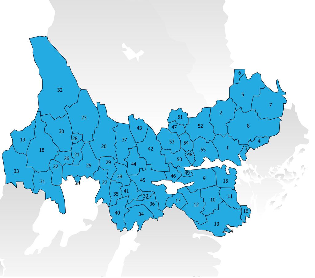 1. Enköping 2. Heby 3. Håbo 4. Knivsta 5. Tierp 6. Älvkarleby 7. Östhammar 8. Uppsala 9. Eskilstuna 10. Flen 11. Gnesta 12. Katrineholm 13. Nyköping 14. Oxelösund 15. Strängnäs 16. Trosa 17.