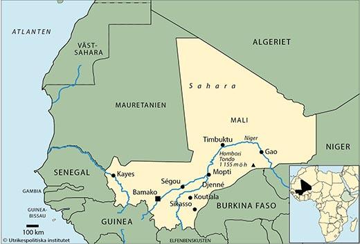 Yta 1 240 192 km2 (2017) Tid svensk - 1 timme Angränsande land/länder Algeriet, Niger, Burkina Faso, Elfenbenskusten, Guinea, Senegal, Mauretanien Huvudstad med antal invånare Bamako 1 926 700