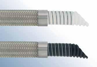 Saniflex SC-Flex Veckad PTFE-slang med rostfri stålvävsarmering och stålwire DB0897 080506 Saniflex SC-Flex har en veckad PTFE kärna med utanpåliggande rostfri stålvävsarmering vilken säkrar