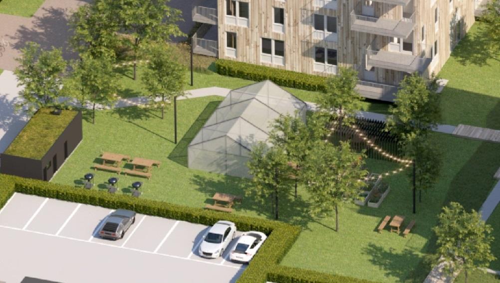 Komplementbyggnader Föreslagna komplementbyggnader inom planområdet är miljörum, carport, cykelparkeringar med tak samt ett växthus som ska utgöra en gemensamhetslokal.