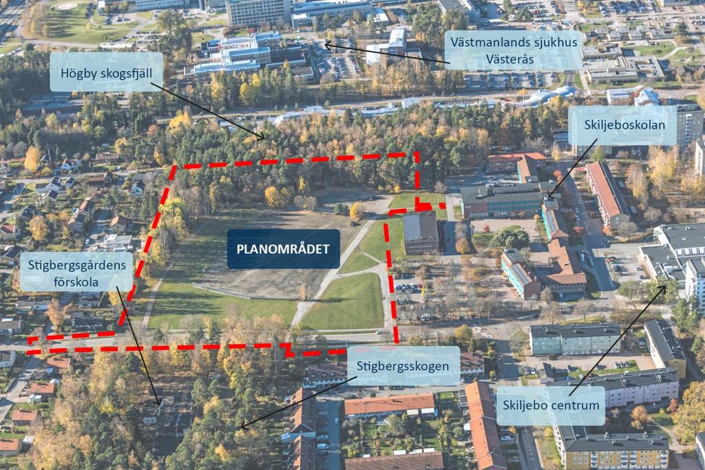 Läge och areal Planområdet ligger i stadsdelen Skiljebo, ca 2,5 km från Västerås centrum. Strax norr om planområdet ligger Skiljeboskolan och Skiljebo centrum.