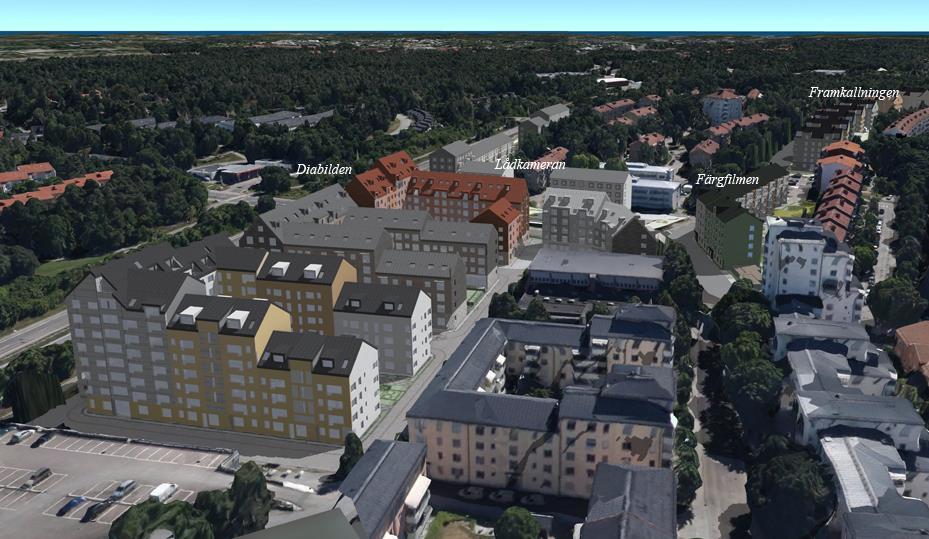 Sida 21 (58) Flygbild över föreslagen bebyggelse sedd från Bandhagens centrum. Planerad bebyggelse vid Lådkameran och Färgfilmen och framkallningen redovisas också.