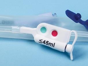 När kuffen har uppnått optimal fyllnadsnivå kommer signalindikatorn på porten att spännas ut. (Detta kan ske redan från 20 ml upp till 45 ml beroende på patientens anatomi.