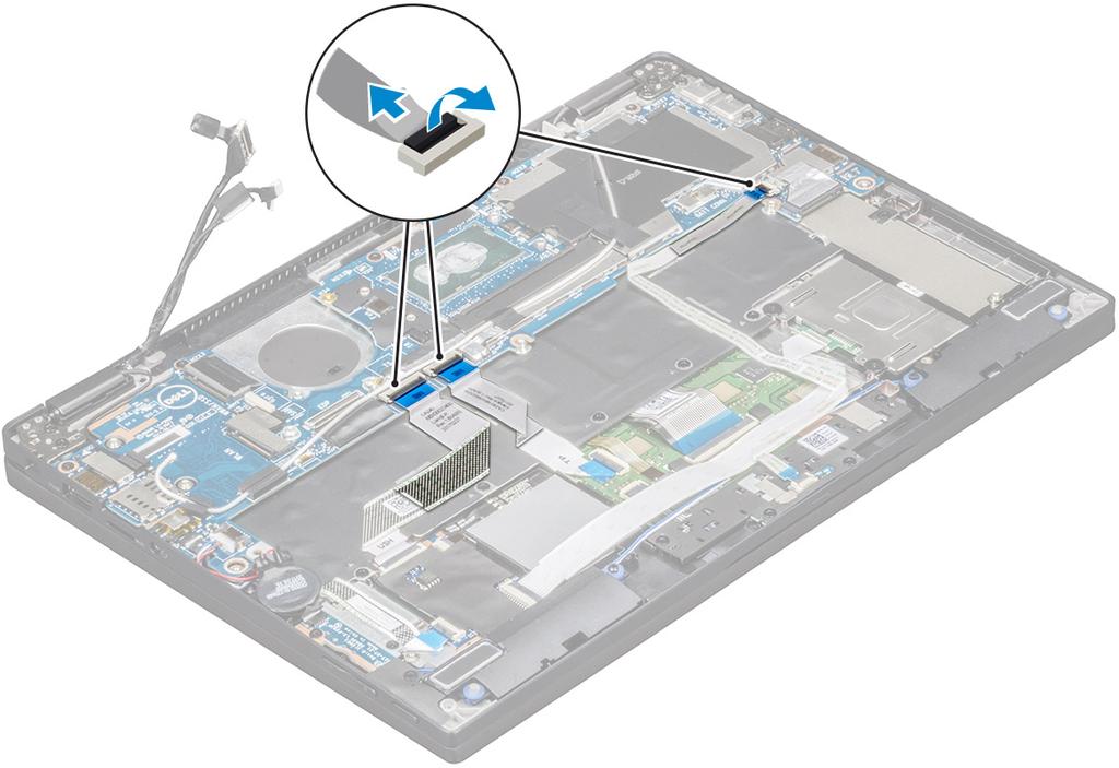 4 Koppla bort följande kablar från moderkortet: a Styrplattans kabel b USH-kabeln c lysdiodkortkabel 5 Så här lossar du kablarna: a Vänd på