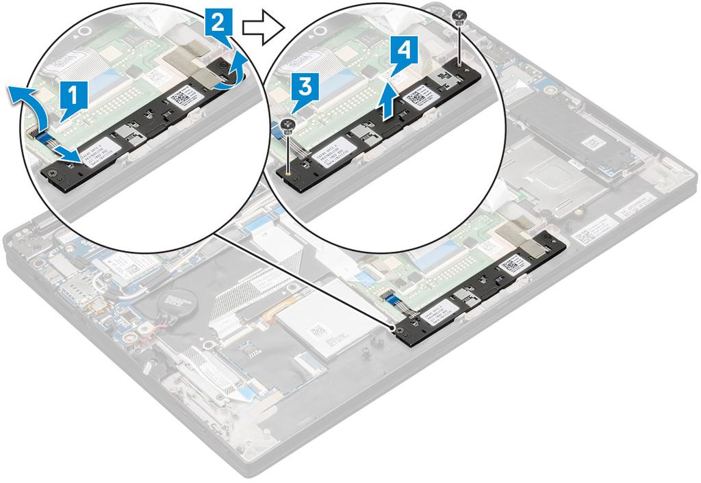 Installera pekplattan 1 Placera styrplatteknapparna i facket. 2 Sätt tillbaka de 2 (M 2 x L3) skruvarna som håller fast styrplattans knappar. 3 Anslut styrplattans kabel.