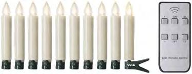 Kaukosäätimen ajastintoiminnolla kynttilät syttyvät automaattisesti. Kynttilän voi irrottaa pidikkeestä ja asettaa esim. tavalliseen kynttilänjalkaan. 1 kpl/kynttilä, lämmin valkoinen, ei vaihdettava.