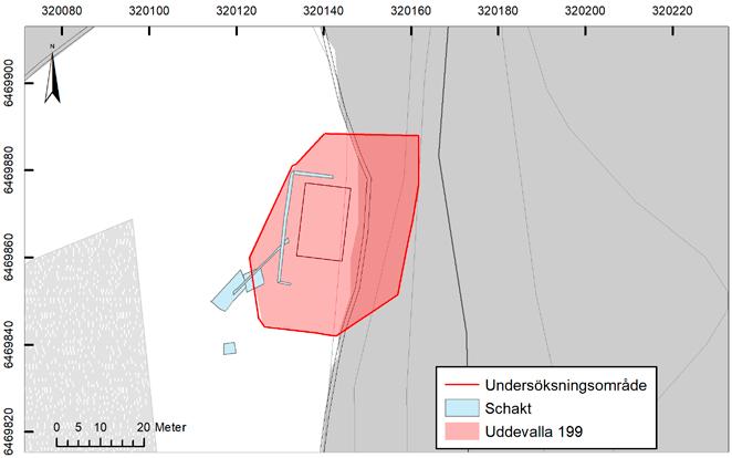 8 Bohusläns museum Rapport 2018:27 Figur 4. Utsnitt ur GSD-Fastighetskartan, blad 8144, öppnade schakt och ytor. Lantmäteriet. Skala 1 :1 000.