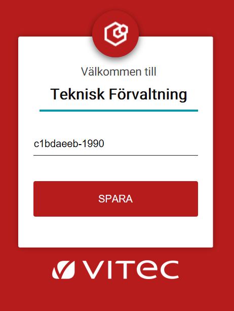 Logga in i systemet Gå till https://tf.vitec.net/tfappweb/ Fyll i licenskoden: c1bdaeeb-1990 och klicka på SPARA. Detta behöver du bara göra första gången du loggar in. Obs!