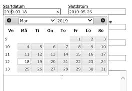 Startdatum Klicka i datumfältet under rubriken Startdatum för att visa kalender med angivet datum och veckodag. Observera att kursstart alltid ska vara på en måndag.