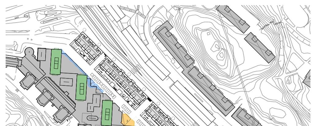 1.1 PLANERAD BYGGNATION Figur 2, Planerade flerbostadshus mot Solnavägen på befintligt parkeringsdäck 1.