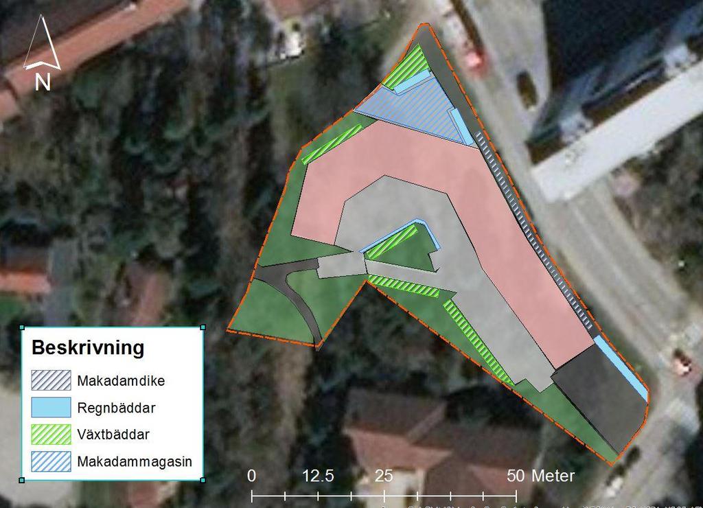 anläggas med plattor som tillåter vatten att infiltrera till fyllnadsjorden under plattsättningen, se förslag i figur 5-3.