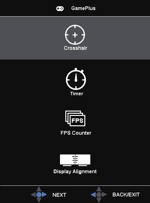 Aktivera funktionen Crosshair (sikte), Timer eller FPS Counter (FPS-räknare) eller Display Alignment (Bildskärmsjustering) Flytta ( ) upp/ner-knappen för att välja och tryck på ( ) för att bekräfta
