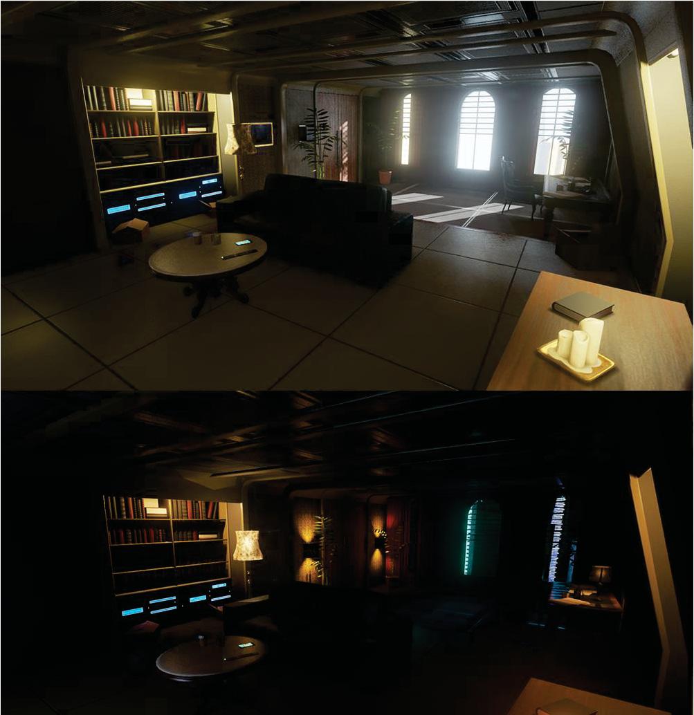 användningar av dynamiskt ljus, alltså ljus som är animerat, till exempel ett trasigt lysrör som blinkar. Fig 17. Detta är en bild på 3D-miljön vi skapade i två olika ljussättningar.
