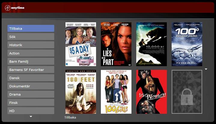 SF Anytimes bibliotek är indelat i genrer och du kan även söka på titel, skådespelare och regissör.