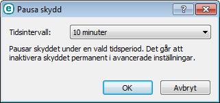 Pausa skydd - visar bekräftelsedialogrutan som inaktiverar Skydd mot virus och spionprogram som skyddar mot skadliga systemangrepp genom att kontrollera filer och webb- och e-postkommunikation.