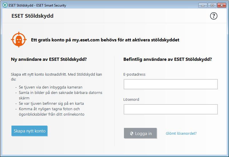 3.4 Stöldskydd Skydda din dator i händelse av förlust eller stöld genom att välja bland följande alternativ att registrera datorn i ESET Stöldskydd-systemet. 1.